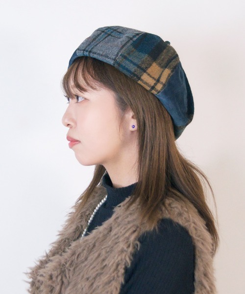 polcadot(ポルカドット)の「CRAZY PATCH BERET/チェック パッチワークベレー(ハンチング/ベレー帽・レディース・ネイビー/ベージュ/ブラウン・FREE)」の13枚目の写真