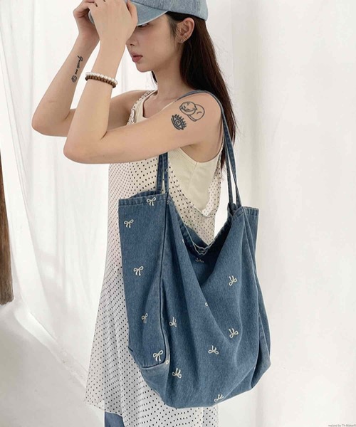 Gentlewoman ラージリボン愛い バケット トートバッグ デニム Liaa/大容量 リボン柄 デニム トートバッグ A18466(トート