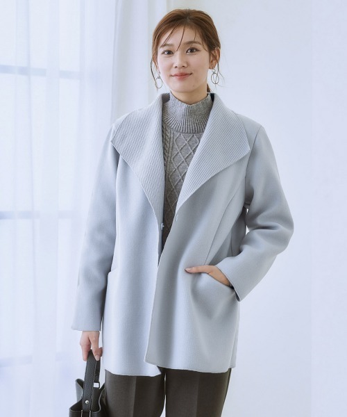 7days Life Styling(セブンデイズライフスタイリング)の「ショールカラーウール調コート(ノーカラーコート・レディース・サックスブルー/ライトグレー/ブラック・S/M/L/LL/3L)」の4枚目の写真