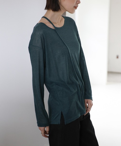 select MOCA Et（セレクトモカエト）の「【Et】Asymmetric Neck Sheer Tops（Tシャツ/カットソー・レディース・グリーン/ホワイト/ブラック/グレー・FREE）」の10枚目の写真