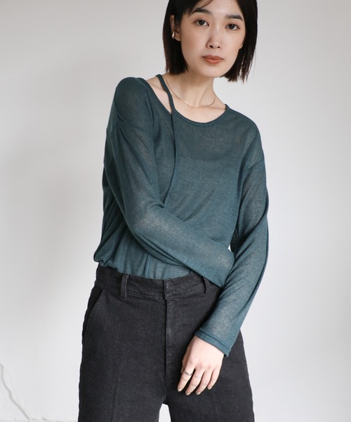 select MOCA Et（セレクトモカエト）の「【Et】Asymmetric Neck Sheer Tops（Tシャツ/カットソー・レディース・グリーン/ホワイト/ブラック/グレー・FREE）」の7枚目の写真
