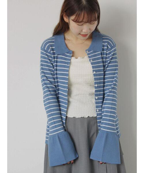 ehka sopo(エヘカソポ)の「ボーダー襟付リブカーディガン(カーディガン/ボレロ・レディース・ブルー/モカ/キナリ/グレー・F)」の2枚目の写真