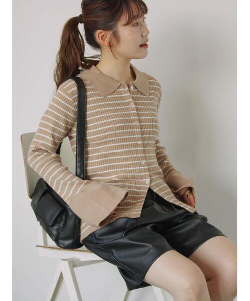 ehka sopo(エヘカソポ)の「ボーダー襟付リブカーディガン(カーディガン/ボレロ・レディース・ブルー/モカ/キナリ/グレー・F)」の4枚目の写真