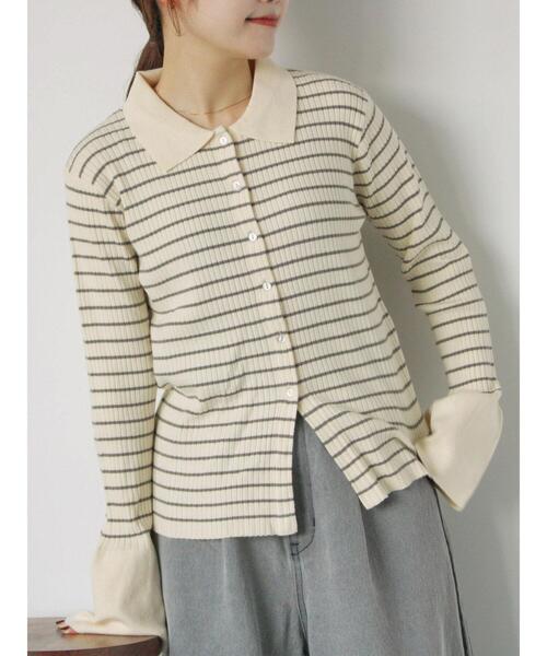 ehka sopo(エヘカソポ)の「ボーダー襟付リブカーディガン(カーディガン/ボレロ・レディース・ブルー/モカ/キナリ/グレー・F)」の5枚目の写真