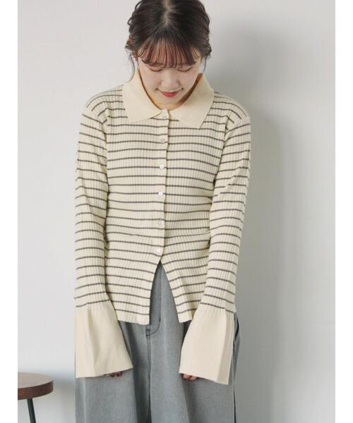 ehka sopo(エヘカソポ)の「ボーダー襟付リブカーディガン(カーディガン/ボレロ・レディース・ブルー/モカ/キナリ/グレー・F)」の6枚目の写真