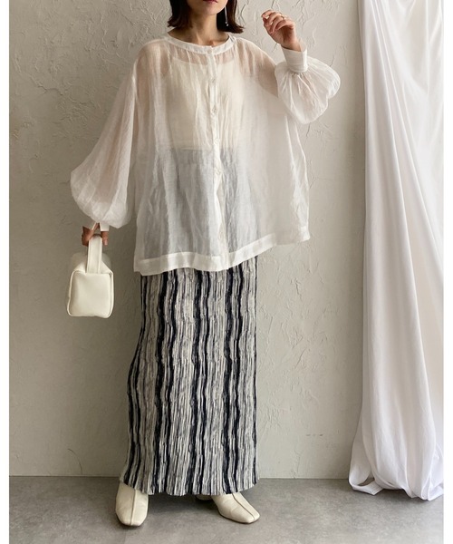 She's Closet（シーズクローゼット）の「ニュアンスストライプ柄ストレートIラインハイウエスト細プリーツロングスカート（スカート・レディース・ブラック/ブラウン・FREE）」の3枚目の写真