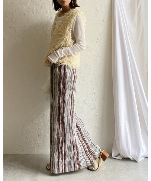 She's Closet（シーズクローゼット）の「ニュアンスストライプ柄ストレートIラインハイウエスト細プリーツロングスカート（スカート・レディース・ブラック/ブラウン・FREE）」の10枚目の写真
