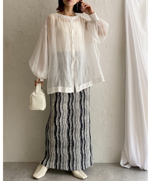 She's Closet（シーズクローゼット）の「ニュアンスストライプ柄ストレートIラインハイウエスト細プリーツロングスカート（スカート・レディース・ブラック/ブラウン・FREE）」の12枚目の写真