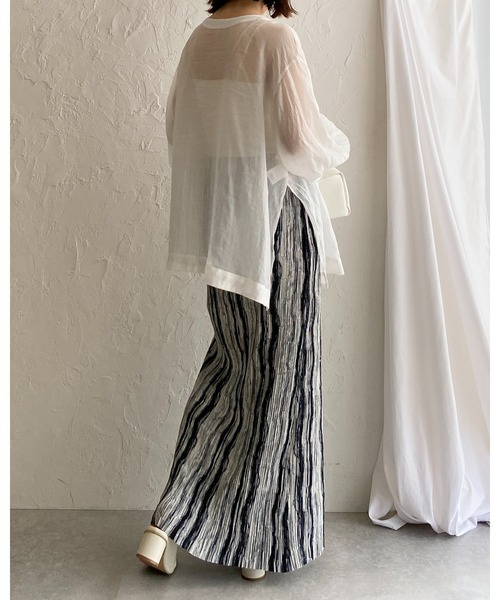 She's Closet（シーズクローゼット）の「ニュアンスストライプ柄ストレートIラインハイウエスト細プリーツロングスカート（スカート・レディース・ブラック/ブラウン・FREE）」の14枚目の写真