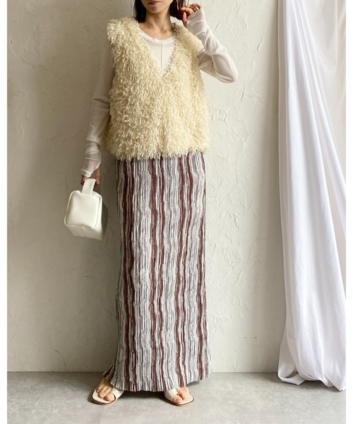 She's Closet（シーズクローゼット）の「ニュアンスストライプ柄ストレートIラインハイウエスト細プリーツロングスカート（スカート・レディース・ブラック/ブラウン・FREE）」の21枚目の写真
