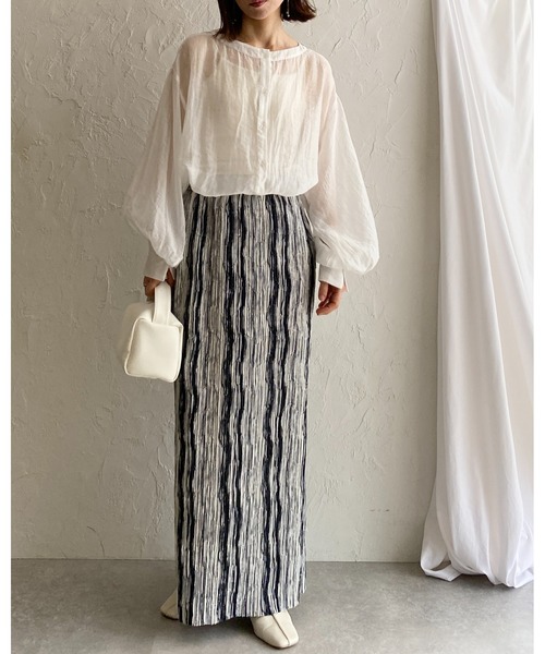 She's Closet（シーズクローゼット）の「ニュアンスストライプ柄ストレートIラインハイウエスト細プリーツロングスカート（スカート・レディース・ブラック/ブラウン・FREE）」の22枚目の写真