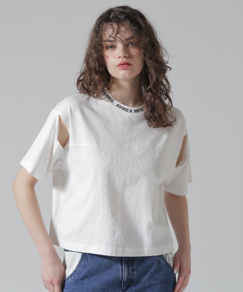 AVIREX(アヴィレックス)の「OPEN COLLAR PRINT T-SHIRT/オープンカラープリントTシャツ(Tシャツ/カットソー・レディース・オフホワイト/サックスブルー/ブラック・F)」の1枚目の写真