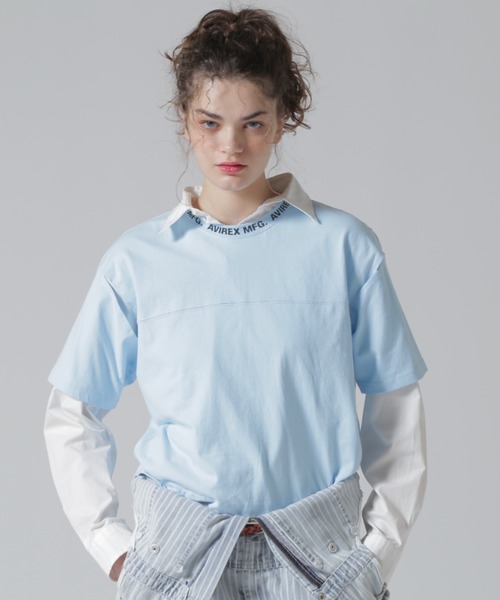 AVIREX(アヴィレックス)の「OPEN COLLAR PRINT T-SHIRT/オープンカラープリントTシャツ(Tシャツ/カットソー・レディース・オフホワイト/サックスブルー/ブラック・F)」の3枚目の写真
