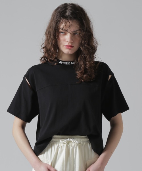 AVIREX(アヴィレックス)の「OPEN COLLAR PRINT T-SHIRT/オープンカラープリントTシャツ(Tシャツ/カットソー・レディース・オフホワイト/サックスブルー/ブラック・F)」の2枚目の写真