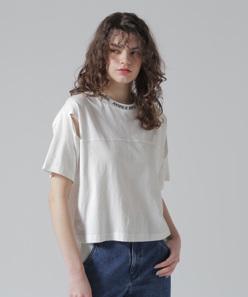 AVIREX(アヴィレックス)の「OPEN COLLAR PRINT T-SHIRT/オープンカラープリントTシャツ(Tシャツ/カットソー・レディース・オフホワイト/サックスブルー/ブラック・F)」の4枚目の写真