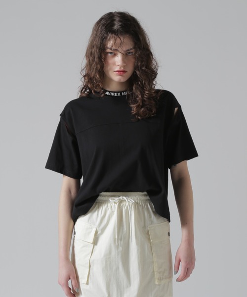 AVIREX(アヴィレックス)の「OPEN COLLAR PRINT T-SHIRT/オープンカラープリントTシャツ(Tシャツ/カットソー・レディース・オフホワイト/サックスブルー/ブラック・F)」の13枚目の写真