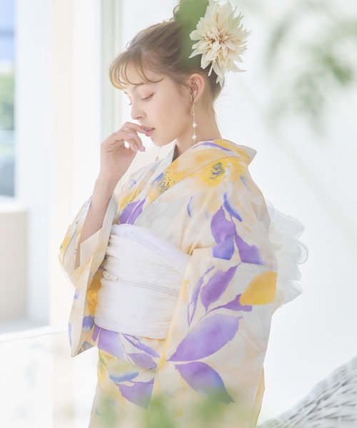kamogawayizhiya 浴衣帯 こだわり浴衣5点セット (浴衣/帯/下駄/腰紐/着付け冊子) 麻混 綿