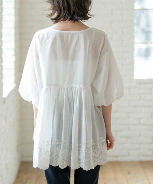セール】バルーン袖スカラップ刺繍レースチュニック（シャツ