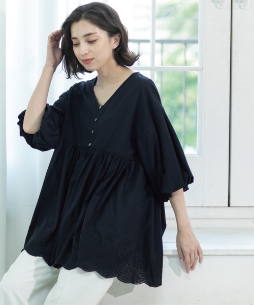 セール】バルーン袖スカラップ刺繍レースチュニック（シャツ/ブラウス