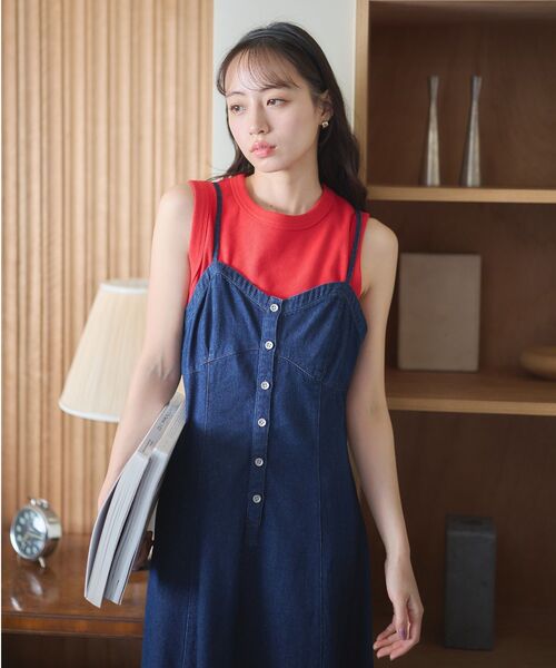 earth music&ecology（アースミュージックアンドエコロジー）の「フロントボタンデニムキャミドレ（ワンピース・レディース・ライトインディゴブルー/インディゴブルー・FREE）」の14枚目の写真