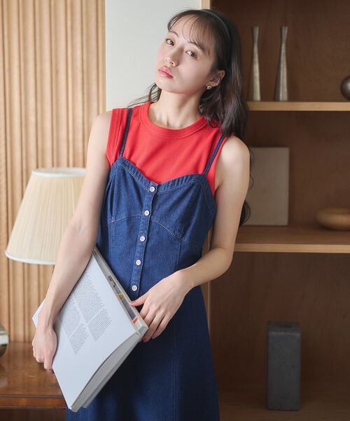 earth music&ecology（アースミュージックアンドエコロジー）の「フロントボタンデニムキャミドレ（ワンピース・レディース・ライトインディゴブルー/インディゴブルー・FREE）」の15枚目の写真