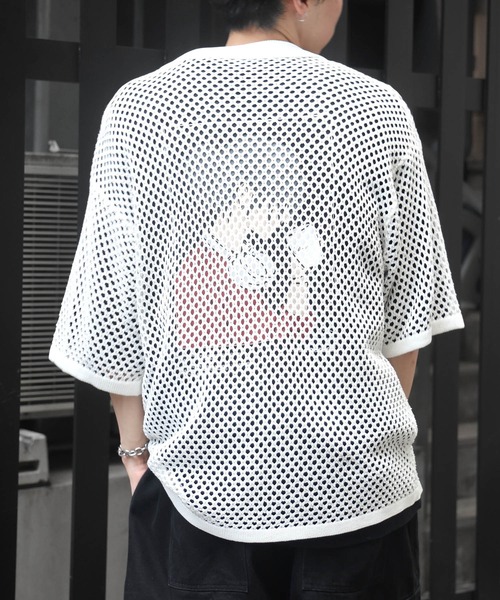 ワンポイント刺繍 メッシュニットシャツ（シャツ/ブラウス