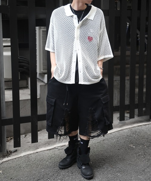 ILL'S（イルズ）の「ワンポイント刺繍 メッシュニットシャツ（シャツ/ブラウス・メンズ・グレー/ブラック/ホワイト・L/M）」の10枚目の写真