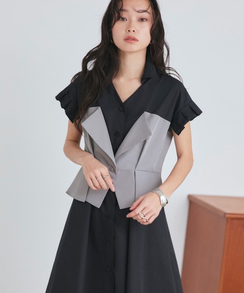 RUIRUE BOUTIQUE（ルイルエブティック）の「洗える ｜ ビスチェ 風 バイカラー シャツワンピース｜ レディース おしゃれ きれいめ オフィスカジュアル 通勤服 リゾート シャツワンピ（シャツワンピース・レディース・チャコールグレー×ブラック/ホワイト×ブラック/ブラック×グレー・S/M/L/LL）」の8枚目の写真