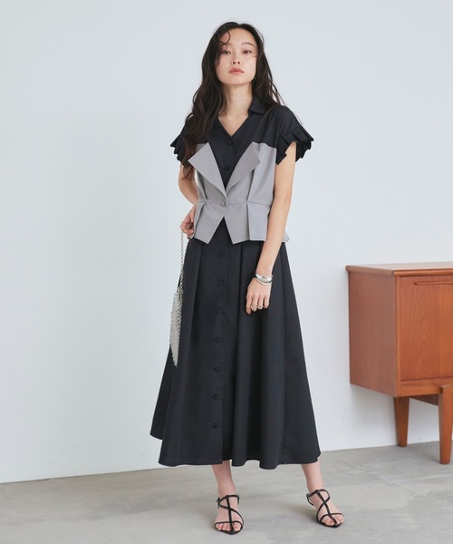 RUIRUE BOUTIQUE（ルイルエブティック）の「洗える ｜ ビスチェ 風 バイカラー シャツワンピース｜ レディース おしゃれ きれいめ オフィスカジュアル 通勤服 リゾート シャツワンピ（シャツワンピース・レディース・チャコールグレー×ブラック/ホワイト×ブラック/ブラック×グレー・S/M/L/LL）」の11枚目の写真