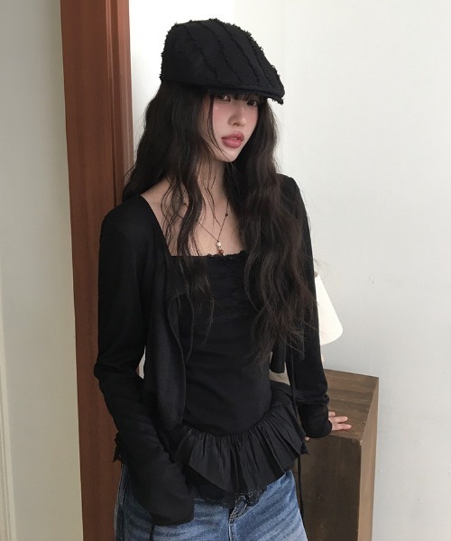 anyonemore（エニワンモア）の「裾レースフリルキャミソール+リボンボレロ風カーディガンセット（カーディガン/ボレロ・レディース・アイボリー/ブラック・FREE）」の2枚目の写真