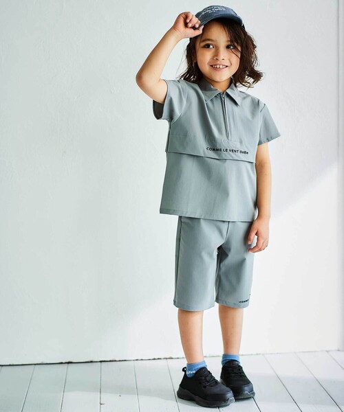 BeBe（ベベ）の「ストレッチナイロンシャツ+ハーフパンツセットアップ(100~150cm)（セットアップ・キッズ・ネイビー/グレー・150cm/130cm/140cm/120cm）」の4枚目の写真