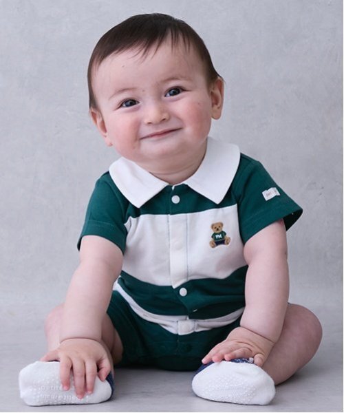 petit main(プティマイン)の「切替ラガーカバーオール(ロンパース・キッズ・グリーン/ネイビー/イエロー・80cm/70cm)」の2枚目の写真