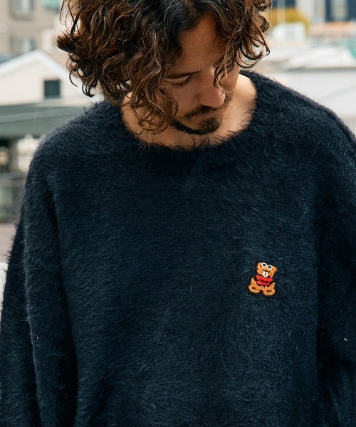 STUD MUFFIN（スタッドマフィン）の「mn3119- ナイロンフェザーヤーン ビックロゴクロスインターシャシャギープルオーバー（ニット/セーター・メンズ・ベージュ/ブラック/ミックスグレー・2/3/4）」の22枚目の写真