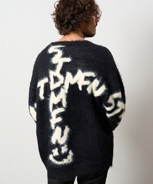 STUD MUFFIN（スタッドマフィン）の「mn3119- ナイロンフェザーヤーン ビックロゴクロスインターシャシャギープルオーバー（ニット/セーター・メンズ・ベージュ/ブラック/ミックスグレー・2/3/4）」の16枚目の写真