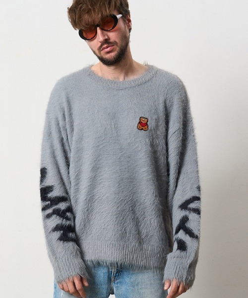 STUD MUFFIN（スタッドマフィン）の「mn3119- ナイロンフェザーヤーン ビックロゴクロスインターシャシャギープルオーバー（ニット/セーター・メンズ・ベージュ/ブラック/ミックスグレー・2/3/4）」の20枚目の写真