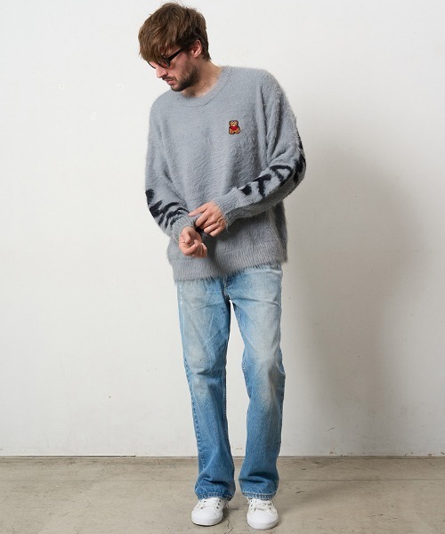 STUD MUFFIN（スタッドマフィン）の「mn3119- ナイロンフェザーヤーン ビックロゴクロスインターシャシャギープルオーバー（ニット/セーター・メンズ・ベージュ/ブラック/ミックスグレー・2/3/4）」の10枚目の写真