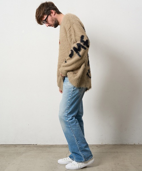 STUD MUFFIN（スタッドマフィン）の「mn3119- ナイロンフェザーヤーン ビックロゴクロスインターシャシャギープルオーバー（ニット/セーター・メンズ・ベージュ/ブラック/ミックスグレー・2/3/4）」の5枚目の写真