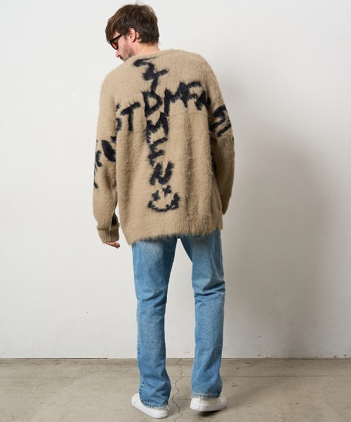 STUD MUFFIN（スタッドマフィン）の「mn3119- ナイロンフェザーヤーン ビックロゴクロスインターシャシャギープルオーバー（ニット/セーター・メンズ・ベージュ/ブラック/ミックスグレー・2/3/4）」の6枚目の写真