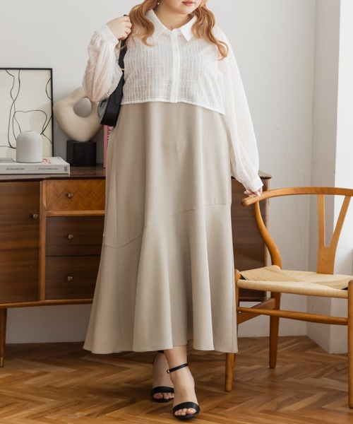 CLETTE(クレット)の「レースシャツセットワンピース(ワンピース・レディース・ベージュ/チャコールグレー/ピンク・LL/4L/3L)」の9枚目の写真