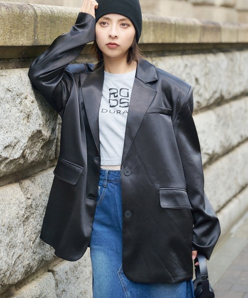 DURAS(デュラス)の「グロスサテンジャケット(テーラードジャケット・レディース・グレー/ブラウン/ブラック・FREE)」の1枚目の写真