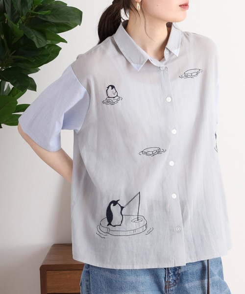 Emago(イマゴ)の「EMAGO 氷に浮かぶペンギン刺繍シャツ(シャツ/ブラウス・レディース・グレー/オレンジ/アイボリー・FREE)」の4枚目の写真