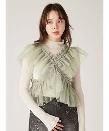 未着用新品　リリーブラウン　ガーデンプリントチュールトップス　グリーン LILY BROWN×MARY QUANT】デイジー柄シアーチュールトップス(T