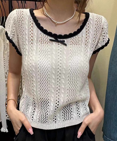 新品同様【JIL SANDER】ざっくり編みノースリーブニット セール】バイカラー透かし編みノースリーブニット/配色 リンガー