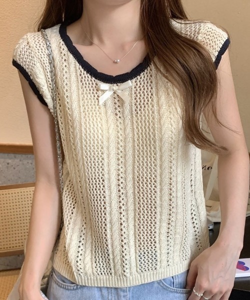 体型カバー効果❣️値下げしましたポールスミス ニットバイカラー リバーシブルコート AMELY by La-gemme］メッシュニット プルオーバー 透かし編み