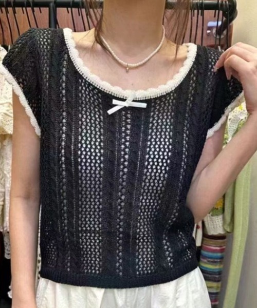 再値下げ★新品、タグ付★PREMIERE　ノースリーブ　サマーニット　バイカラー セール】バイカラー透かし編みノースリーブニット/配色 リンガー