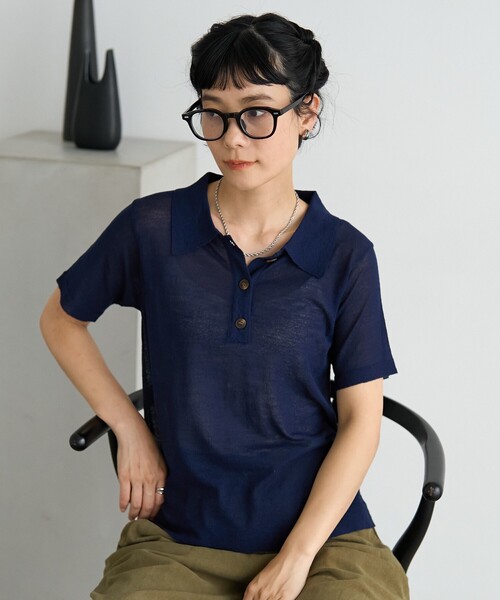 FREAK'S STORE(フリークスストア)の「マルチボーダー シアーポロニット/サマーニット(ポロシャツ・レディース・ネイビー/キャメル/ブラウン/ダークネイビー・フリ-)」の6枚目の写真