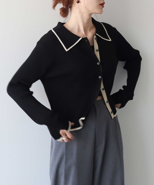 earth music&ecology（アースミュージックアンドエコロジー）の「【WEB限定/ショート丈/ゆったり】バイカラートリムニットカーディガン（ニット/セーター・レディース・チャコールグレー/アイボリー/ブラック・FREE）」の3枚目の写真