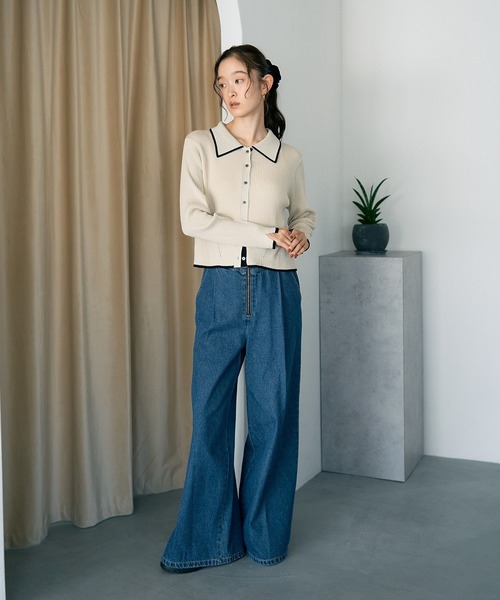 earth music&ecology（アースミュージックアンドエコロジー）の「【WEB限定/ショート丈/ゆったり】バイカラートリムニットカーディガン（ニット/セーター・レディース・チャコールグレー/アイボリー/ブラック・FREE）」の6枚目の写真