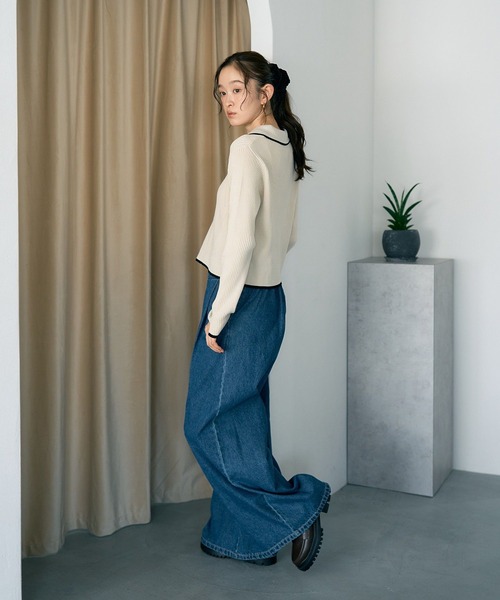 earth music&ecology（アースミュージックアンドエコロジー）の「【WEB限定/ショート丈/ゆったり】バイカラートリムニットカーディガン（ニット/セーター・レディース・チャコールグレー/アイボリー/ブラック・FREE）」の8枚目の写真