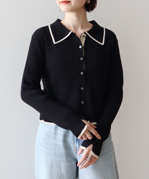 earth music&ecology（アースミュージックアンドエコロジー）の「【WEB限定/ショート丈/ゆったり】バイカラートリムニットカーディガン（ニット/セーター・レディース・チャコールグレー/アイボリー/ブラック・FREE）」の19枚目の写真